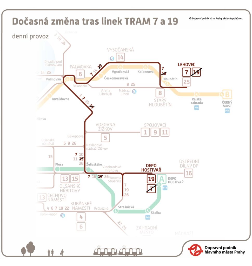 Dočasná změna tras tramvajových linek 7 a 19