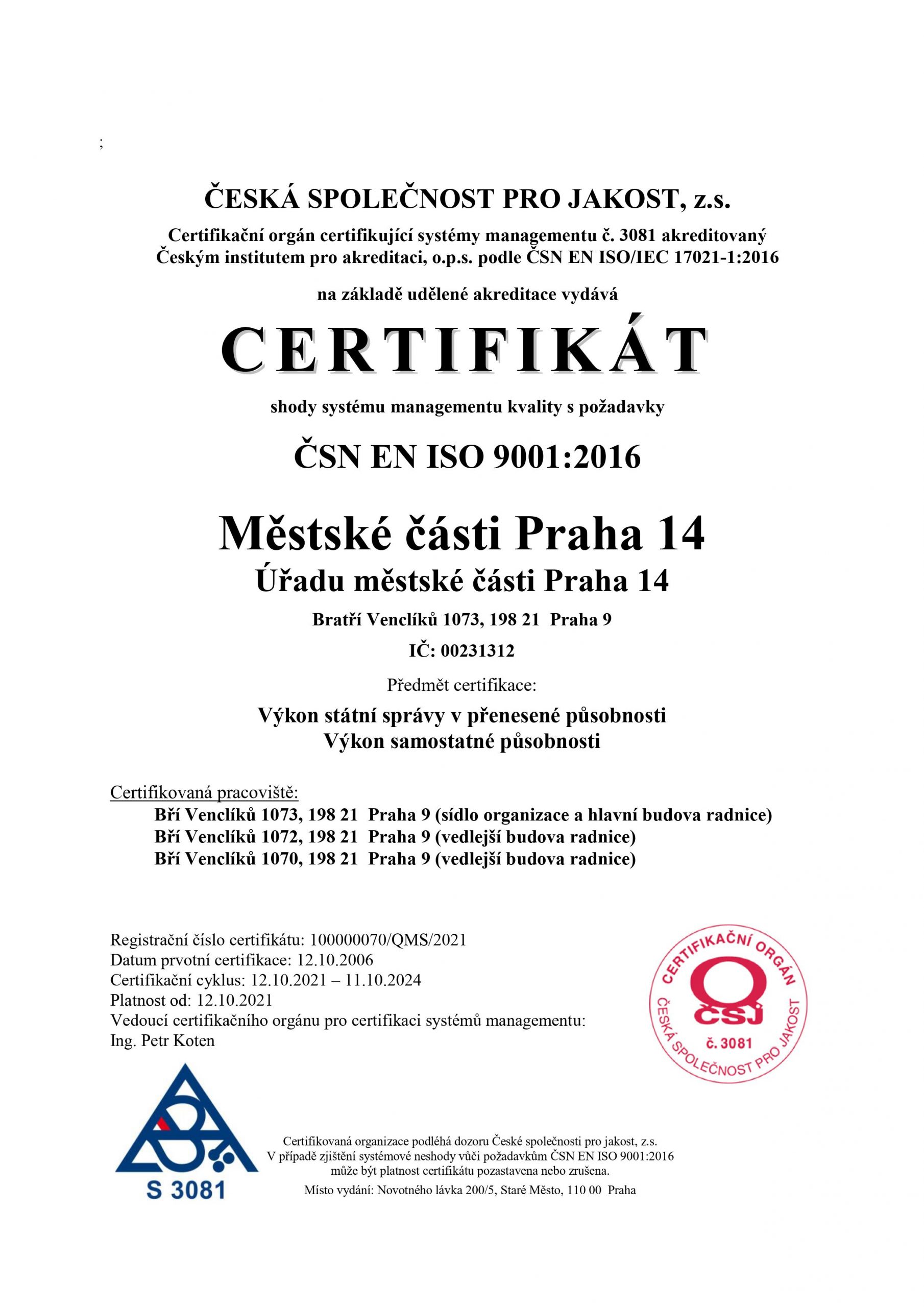 Certifikát shody systému managementu kvality s požadavky ČSN EN ISO 9001:2016